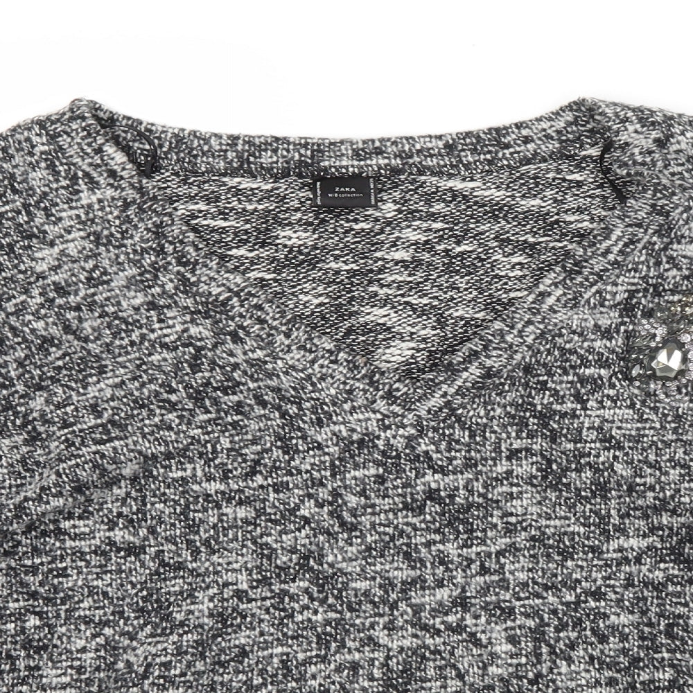 Zara Womens Grey V-Neck  Cotton Pullover Jumper Size M