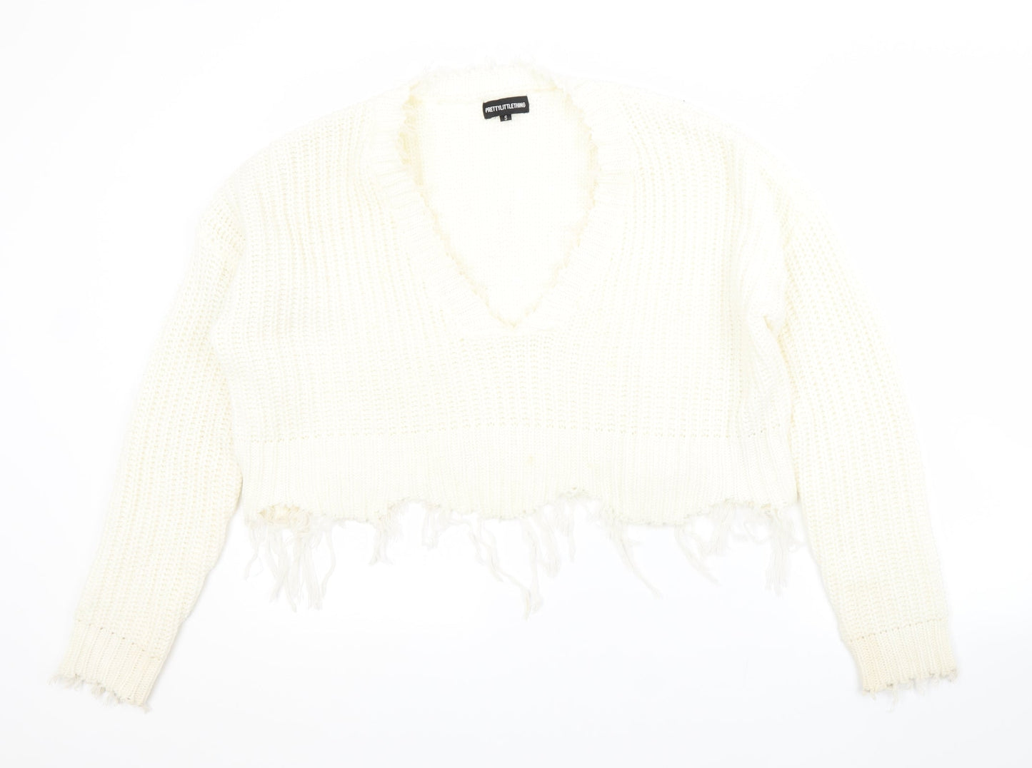 PRETTYLITTLETHING Womens White V-Neck  Acrylic Pullover Jumper Size S