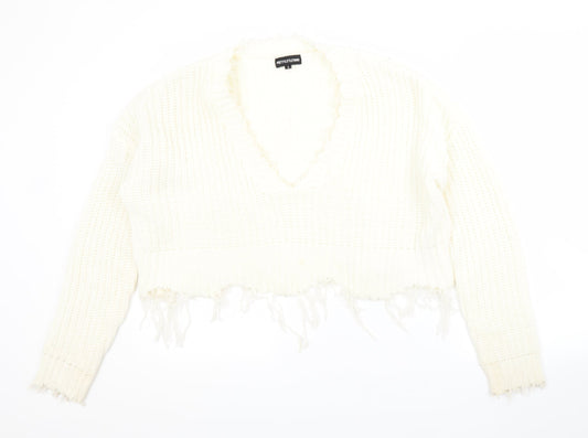 PRETTYLITTLETHING Womens White V-Neck  Acrylic Pullover Jumper Size S