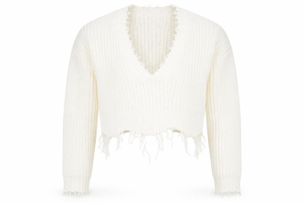 PRETTYLITTLETHING Womens White V-Neck  Acrylic Pullover Jumper Size S