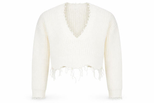 PRETTYLITTLETHING Womens White V-Neck  Acrylic Pullover Jumper Size S