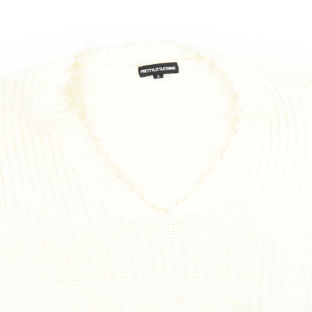 PRETTYLITTLETHING Womens White V-Neck  Acrylic Pullover Jumper Size S