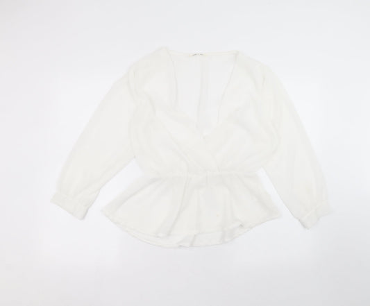 Preworn Womens White  Polyester Basic Blouse Size 14 Round Neck