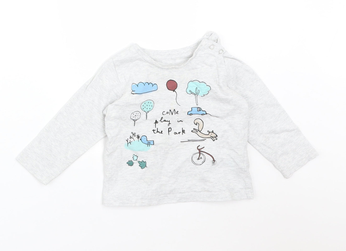 M&S Baby Grey  Cotton Basic T-Shirt Size 9-12 Months Round Neck  - COME PLAY IN THE PARK