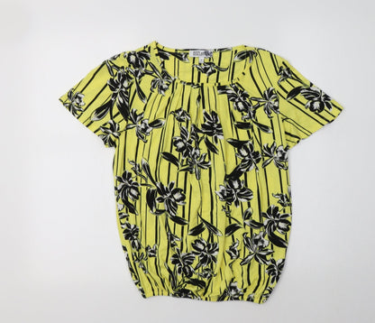 Debenhams Womens Yellow Floral Viscose Basic Blouse Size 10 Crew Neck