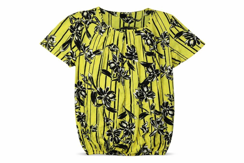 Debenhams Womens Yellow Floral Viscose Basic Blouse Size 10 Crew Neck