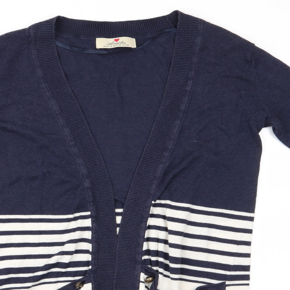 Atmosphere Womens Blue V-Neck Striped Viscose Cardigan Jumper Size 10   - Longline Cardigan Blue & Ivory