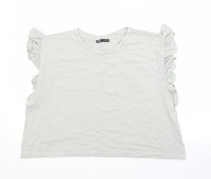 Zara Womens Grey  Cotton Basic Blouse Size L Crew Neck