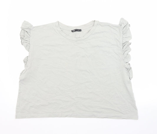 Zara Womens Grey  Cotton Basic Blouse Size L Crew Neck