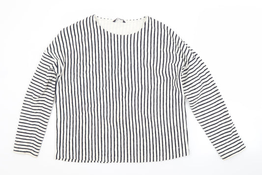 M&S Womens White Crew Neck Striped Cotton Pullover Jumper Size 16