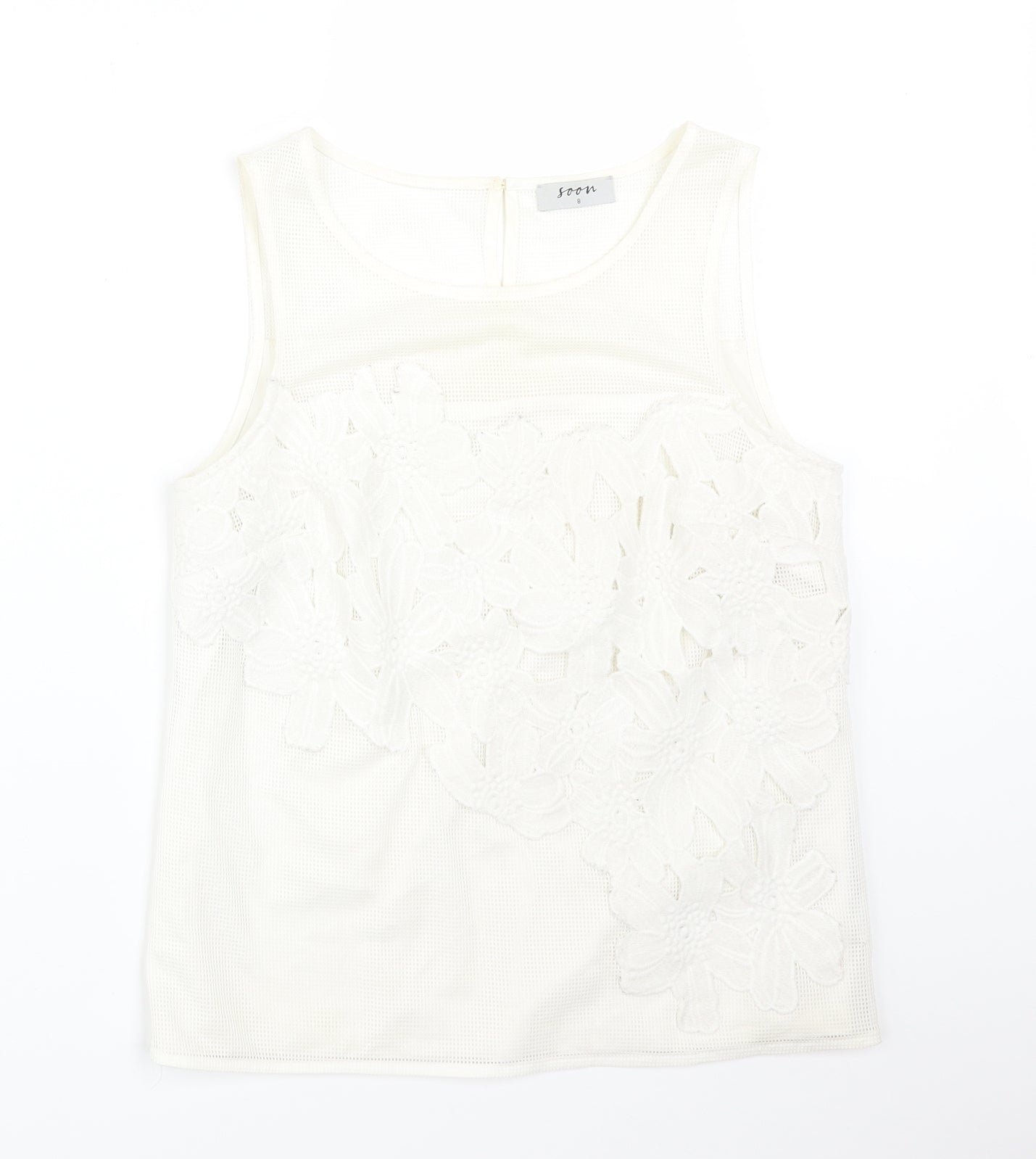 Soon Womens White Floral Polyester Basic T-Shirt Size 8 Round Neck