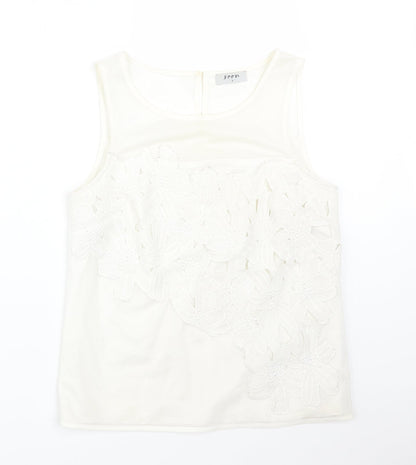 Soon Womens White Floral Polyester Basic T-Shirt Size 8 Round Neck