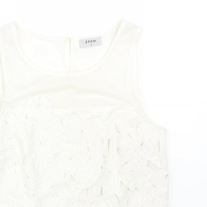 Soon Womens White Floral Polyester Basic T-Shirt Size 8 Round Neck