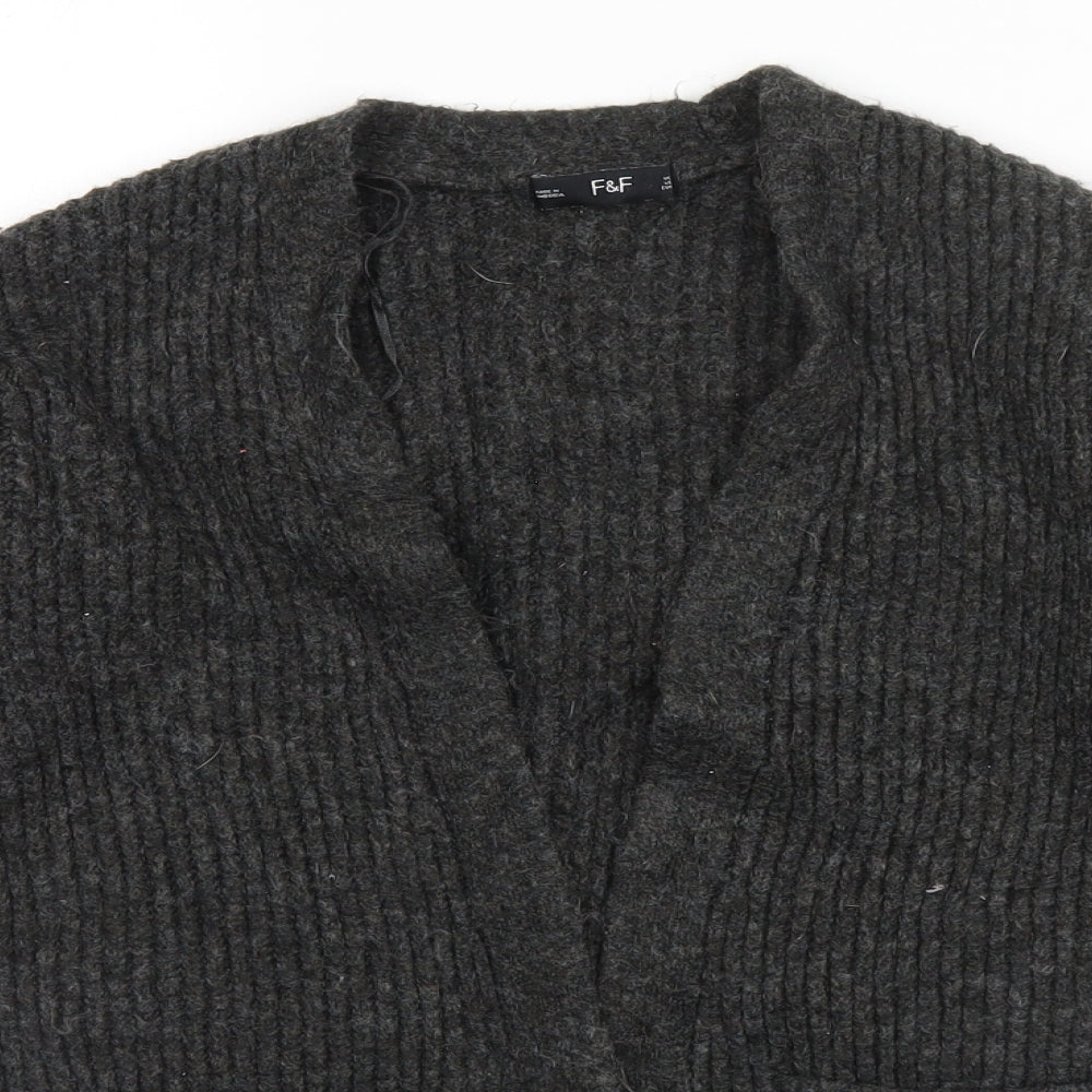 F&F Womens Grey Round Neck Striped Polyester Cardigan Jumper Size S