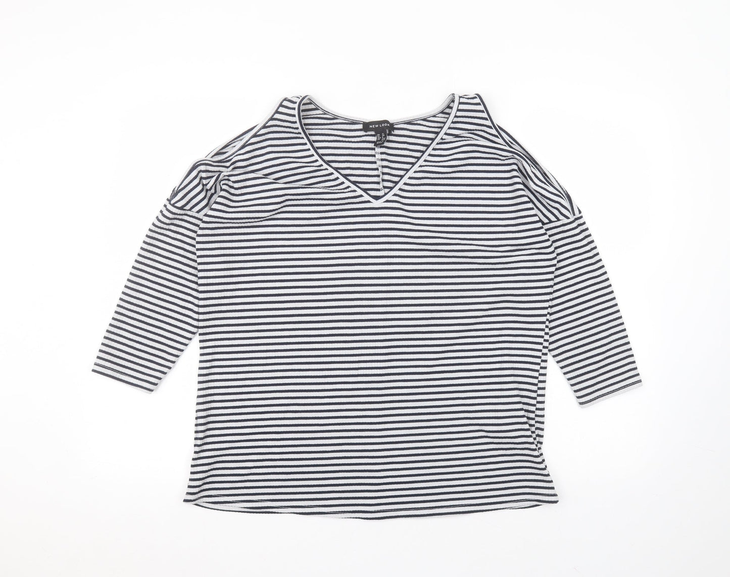 New Look Womens White Striped Polyester Basic T-Shirt Size 12 Round Neck
