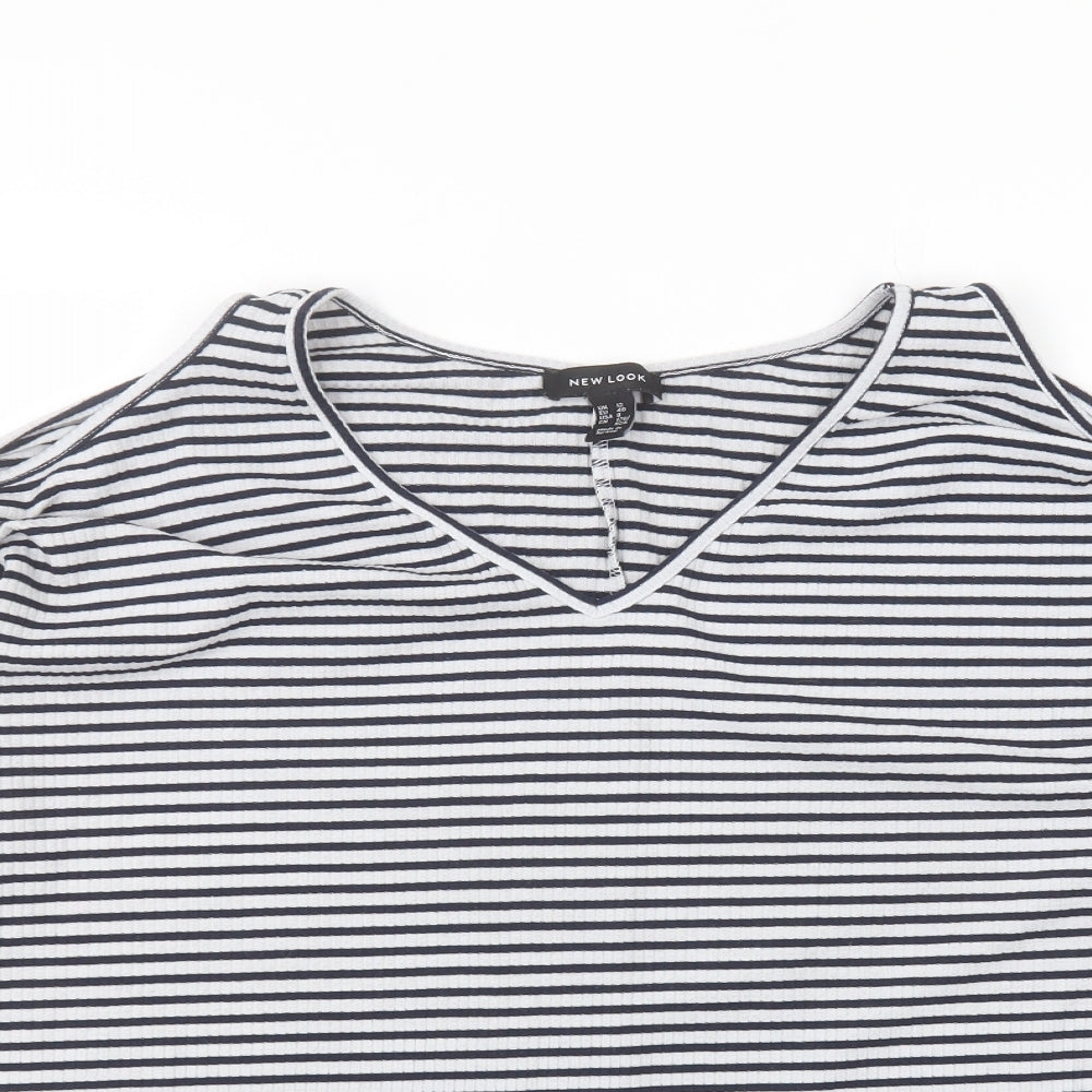 New Look Womens White Striped Polyester Basic T-Shirt Size 12 Round Neck