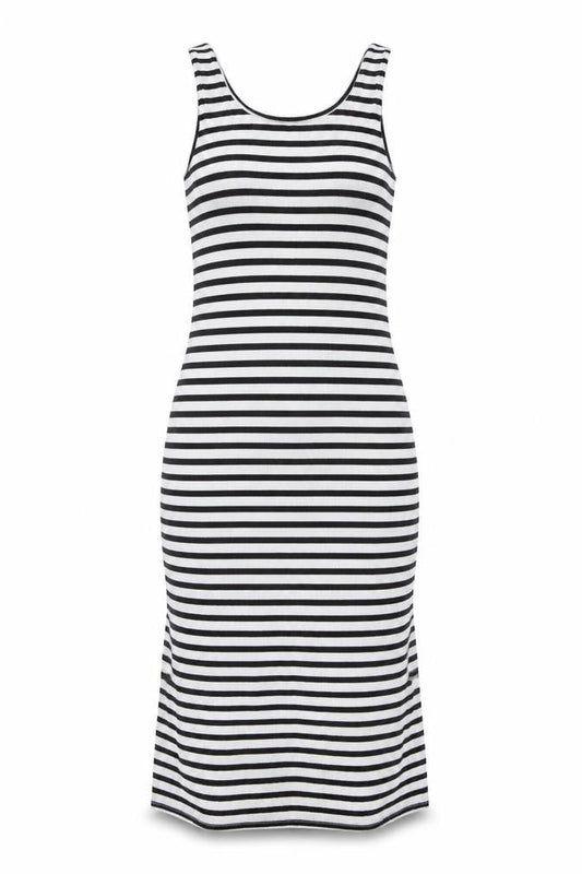 New Look Womens White Striped Polyester A-Line  Size 8 Round Neck