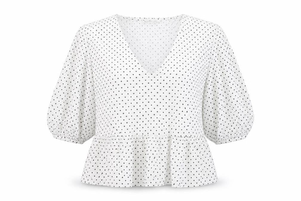 Astradivarius Womens White Polka Dot Polyester Basic T-Shirt Size M Round Neck