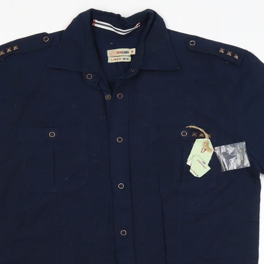Duke Linen Mens Blue  Cotton  Button-Up Size M Collared