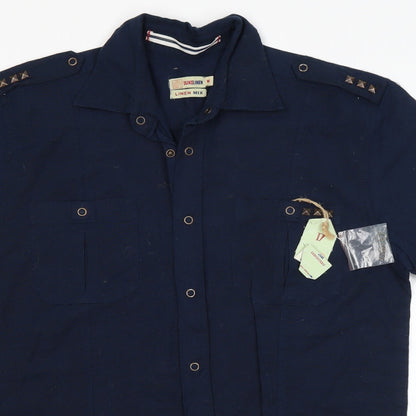 Duke Linen Mens Blue  Cotton  Button-Up Size M Collared