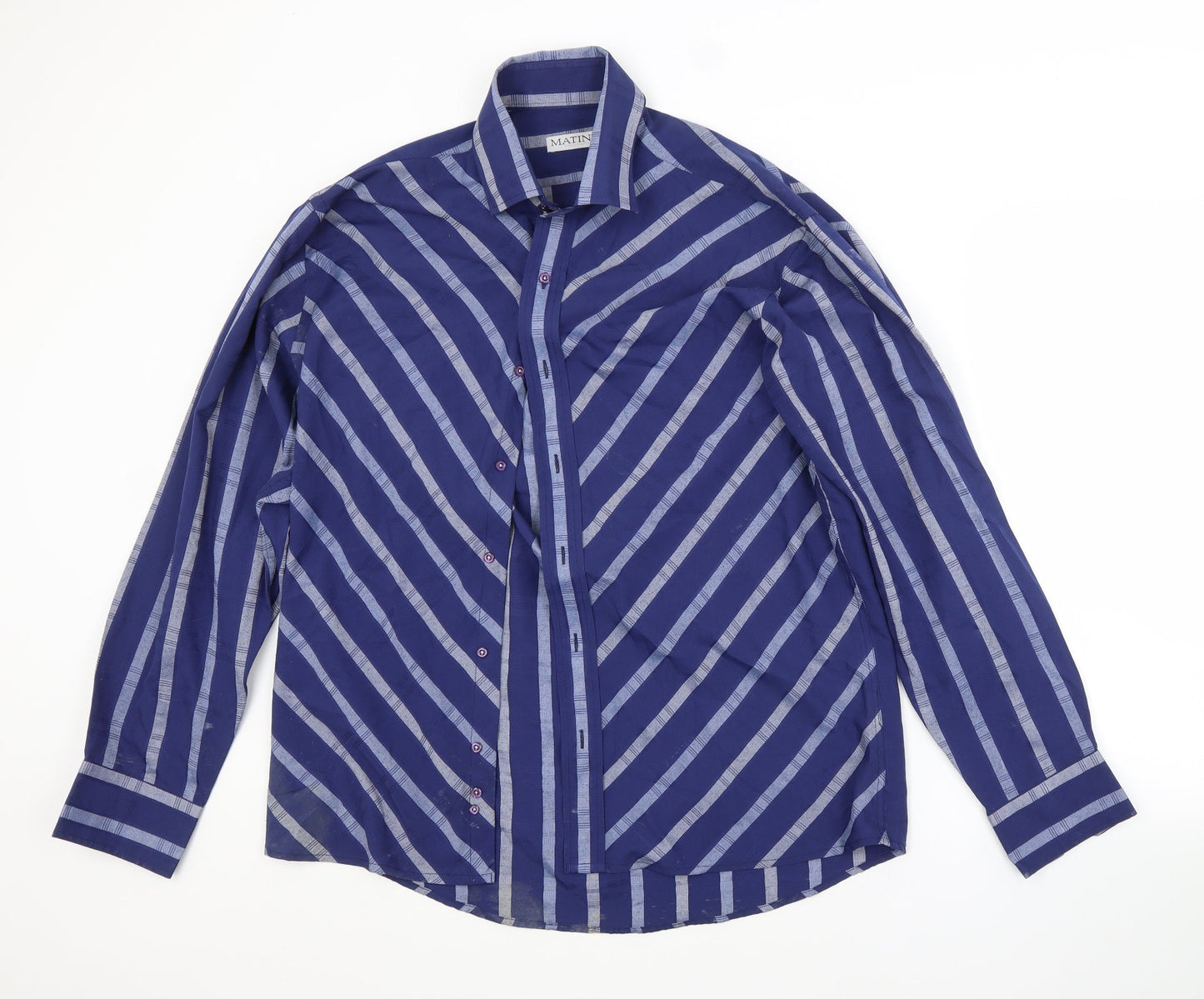 MATINEE Mens Blue Striped Polyester  Button-Up Size L Collared