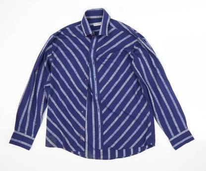 Preloved MATINEE Mens Blue Striped Polyester  Button-Up Size L Collared - Front