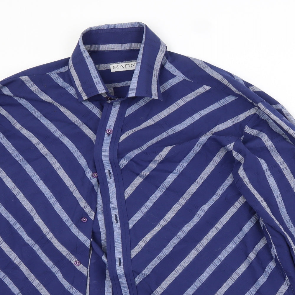 MATINEE Mens Blue Striped Polyester  Button-Up Size L Collared