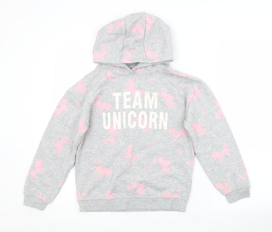 Primark Girls Grey Animal Print Cotton Pullover Hoodie Size 9-10 Years   - UNICORN