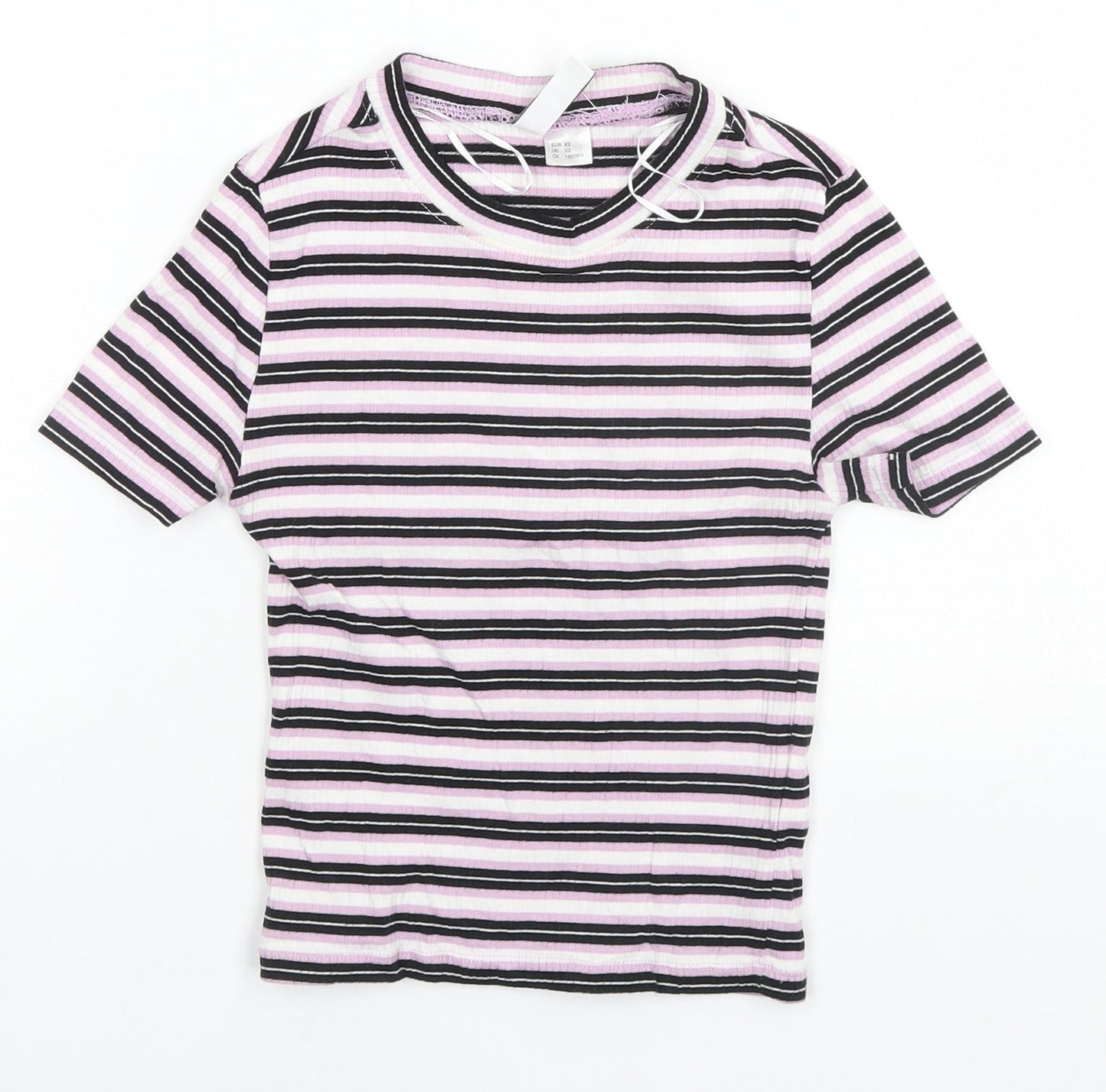Divided Womens Pink Striped Cotton Basic T-Shirt Size XS Round Neck