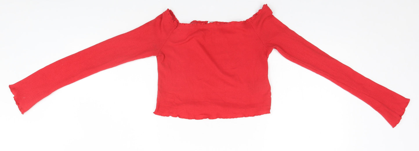 Divided Womens Red  Cotton Basic T-Shirt Size S Square Neck