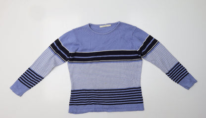 EWM Womens Blue Crew Neck Striped Cotton Pullover Jumper Size M