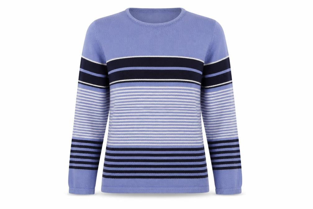 EWM Womens Blue Crew Neck Striped Cotton Pullover Jumper Size M
