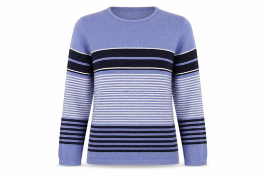 EWM Womens Blue Crew Neck Striped Cotton Pullover Jumper Size M