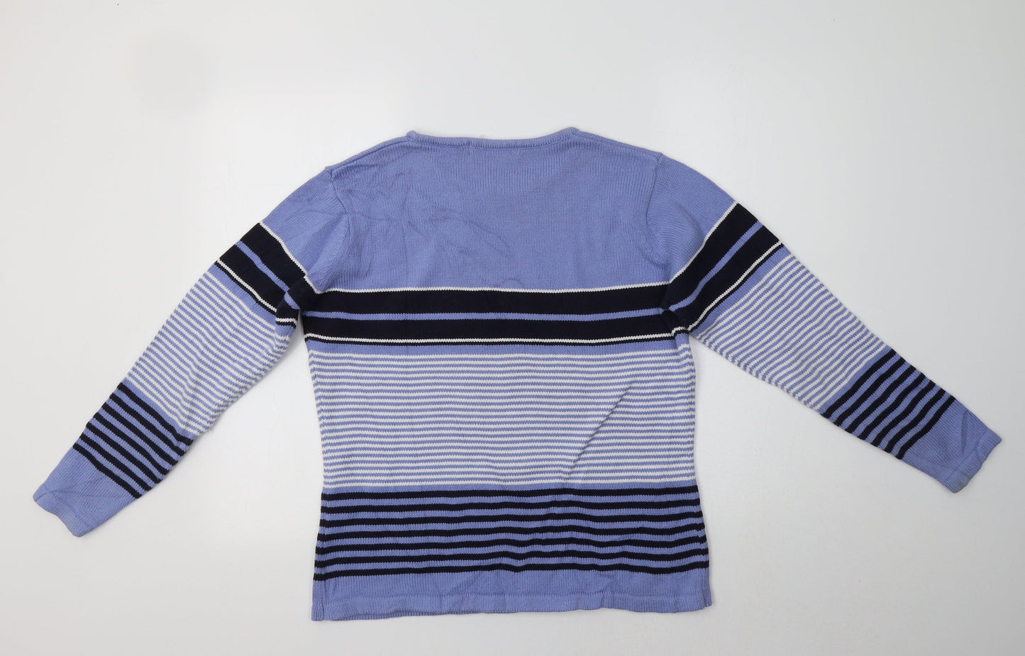 EWM Womens Blue Crew Neck Striped Cotton Pullover Jumper Size M