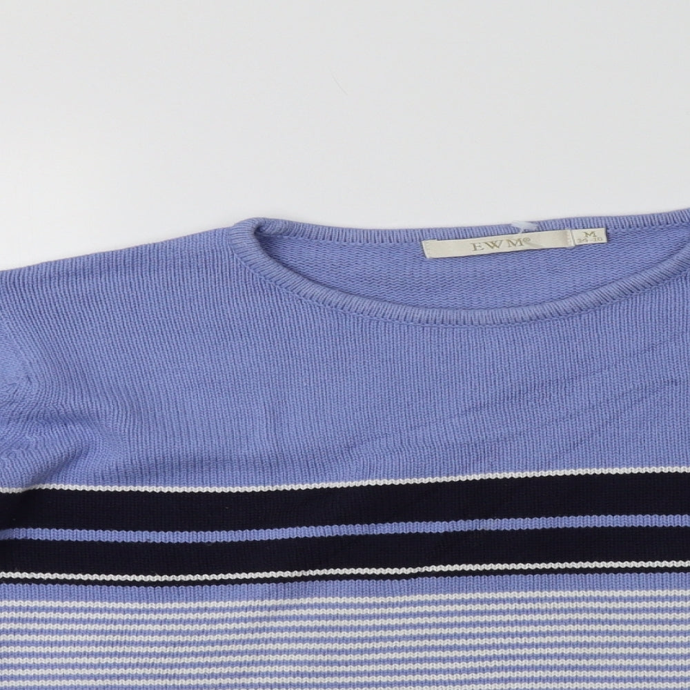 EWM Womens Blue Crew Neck Striped Cotton Pullover Jumper Size M