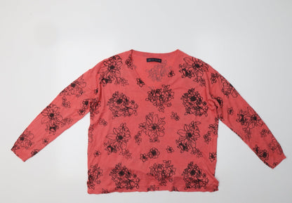 Marks & Spencer Womens Pink V-Neck Floral Acrylic Pullover Jumper Size M