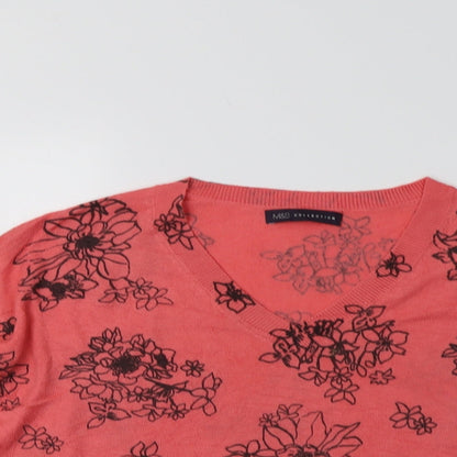 Marks & Spencer Womens Pink V-Neck Floral Acrylic Pullover Jumper Size M