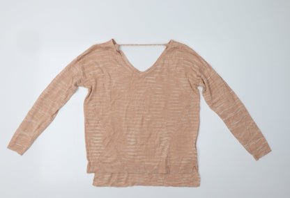 Marks & Spencer Womens Pink V-Neck Striped Acrylic Pullover Jumper Size M