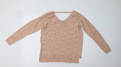 Marks & Spencer Womens Pink V-Neck Striped Acrylic Pullover Jumper Size M