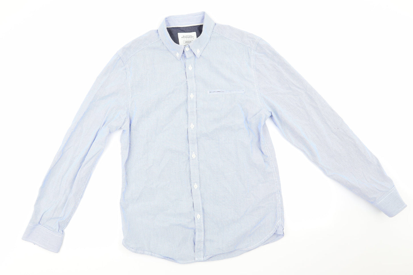 Burtons Menswear Mens Blue Striped Cotton  Button-Up Size M Collared  - Fine Blue Stripe Buttoned Collar