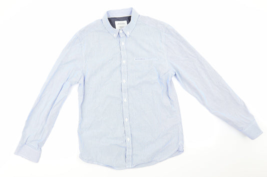 Burtons Menswear Mens Blue Striped Cotton  Button-Up Size M Collared  - Fine Blue Stripe Buttoned Collar
