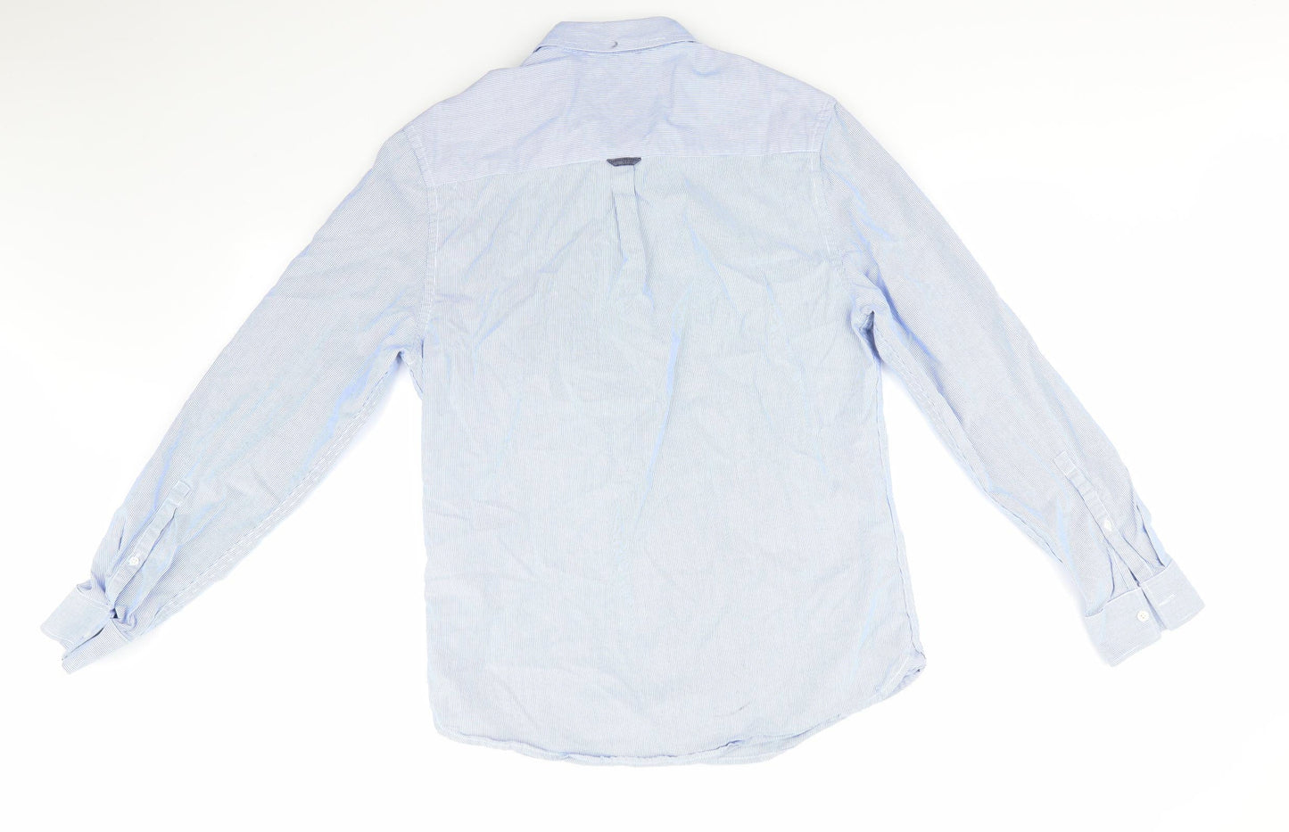 Burtons Menswear Mens Blue Striped Cotton  Button-Up Size M Collared  - Fine Blue Stripe Buttoned Collar