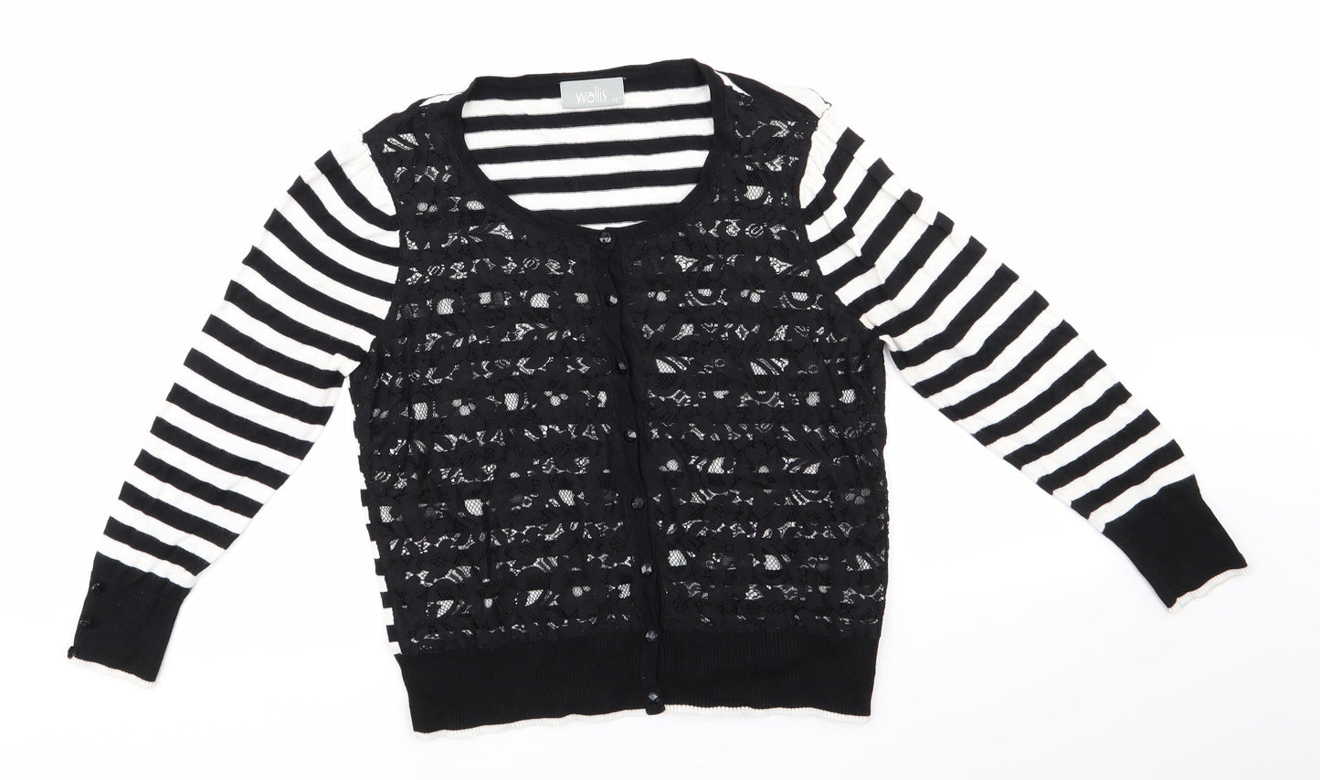 Wallis Womens Black Round Neck Striped Viscose Pullover Jumper Size 14   - Lace Overlay Front