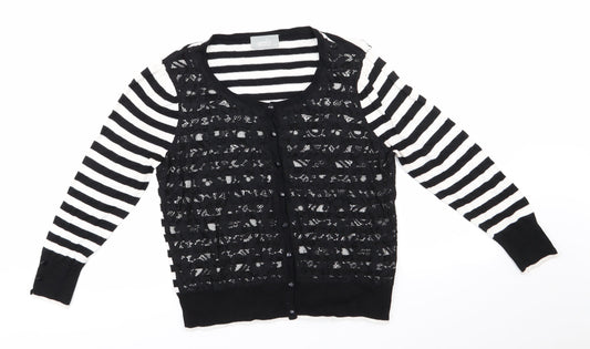 Wallis Womens Black Round Neck Striped Viscose Pullover Jumper Size 14   - Lace Overlay Front