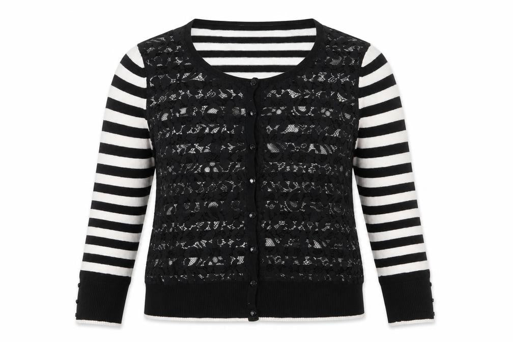 Wallis Womens Black Round Neck Striped Viscose Pullover Jumper Size 14   - Lace Overlay Front