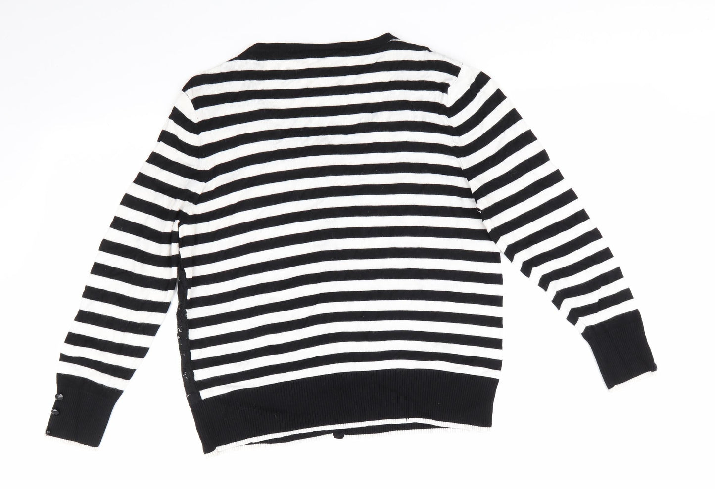 Wallis Womens Black Round Neck Striped Viscose Pullover Jumper Size 14   - Lace Overlay Front