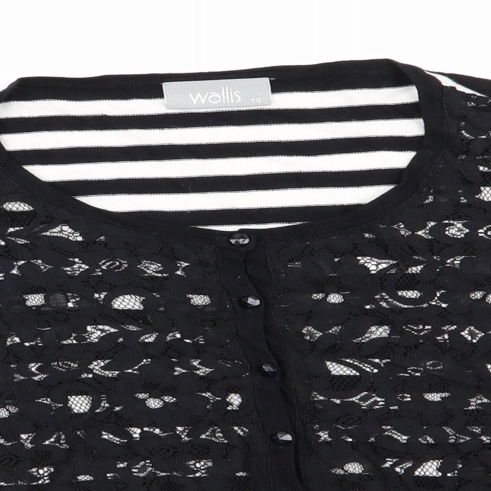Wallis Womens Black Round Neck Striped Viscose Pullover Jumper Size 14   - Lace Overlay Front