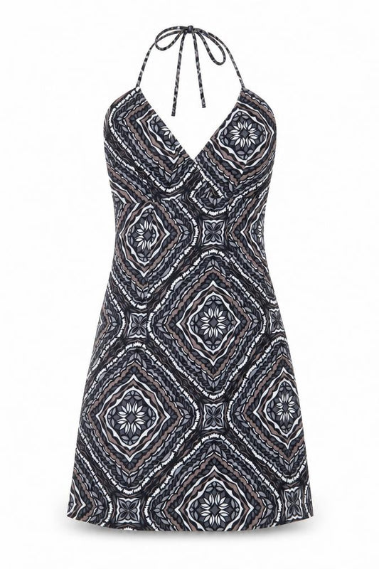 H&M  Womens Grey Geometric  A-Line  Size 6 Halter  - Side Zip Black Grey Taupe White Back Elastication