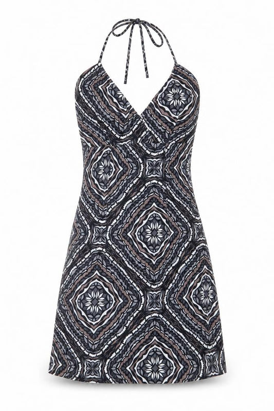 H&M  Womens Grey Geometric  A-Line  Size 6 Halter  - Side Zip Black Grey Taupe White Back Elastication