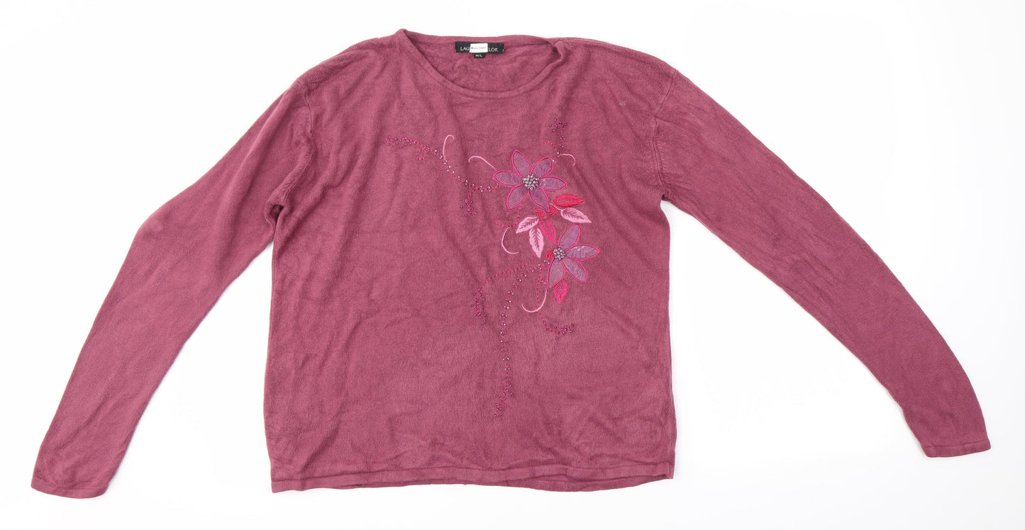 Lauren taylor Womens Pink Round Neck Floral Acrylic Pullover Jumper Size M